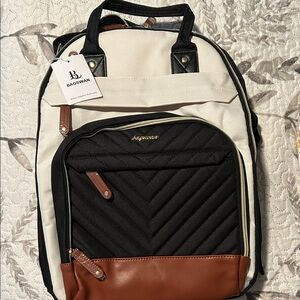 Black & Cream Quilted Backpack with Brown Accents